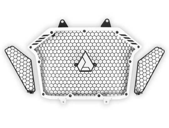 Assault Industries Stinger Grill for RZR Pro XP in frost silver with honeycomb mesh pattern and central logo.