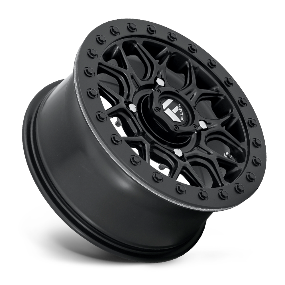 Fuel Tech Beadlock UTV Wheel In All Black  at 45 degree angle on white background 