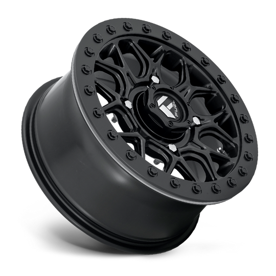 Fuel Tech Beadlock UTV Wheel In All Black  at 45 degree angle on white background 