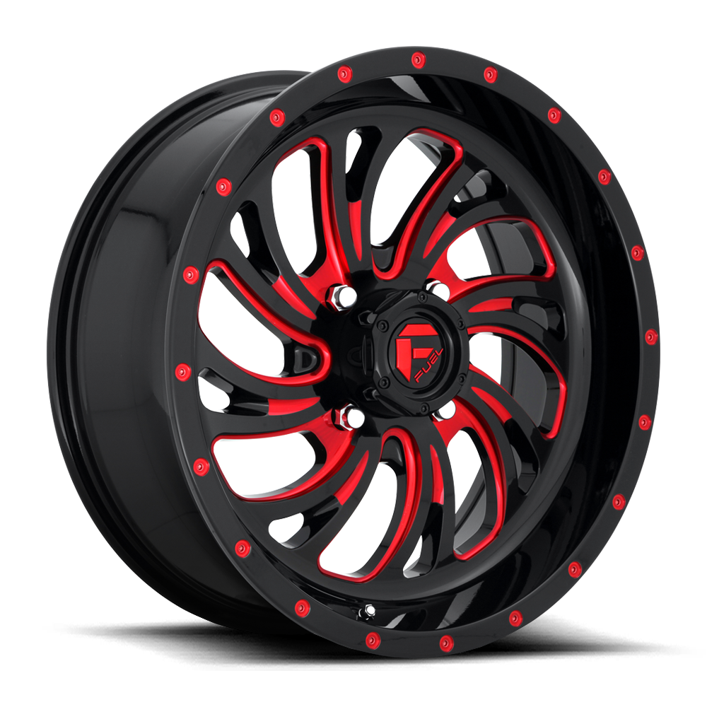 Fuel Kompressor D642 UTV Wheel That Is Gloss Black With Red Accents  on white background 