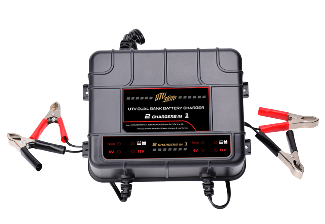 UTV Stereo Dual Bank Battery Charger on white background