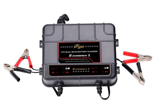 UTV Stereo Dual Bank Battery Charger on white background