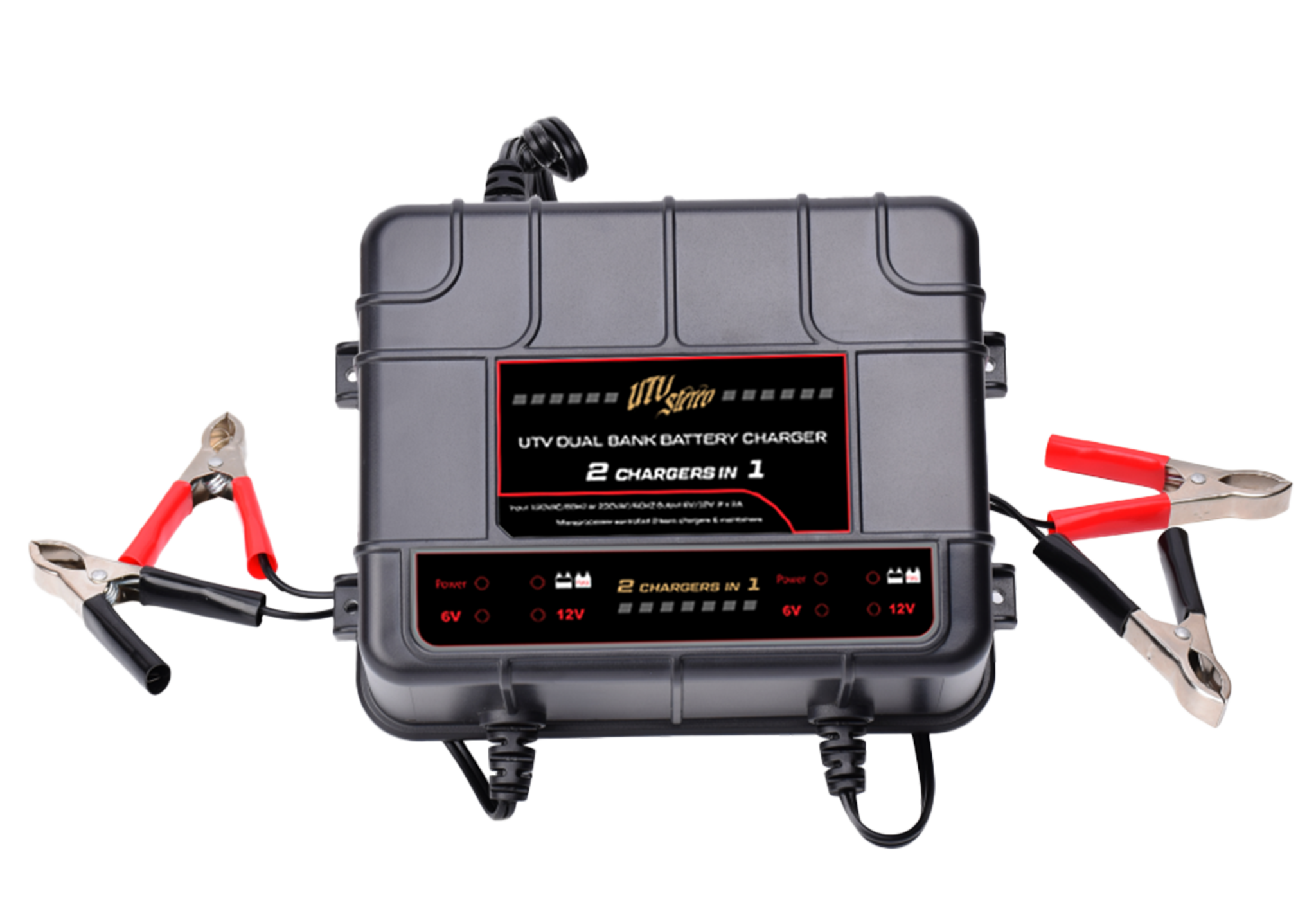 UTV Stereo Dual Bank Battery Charger on white background