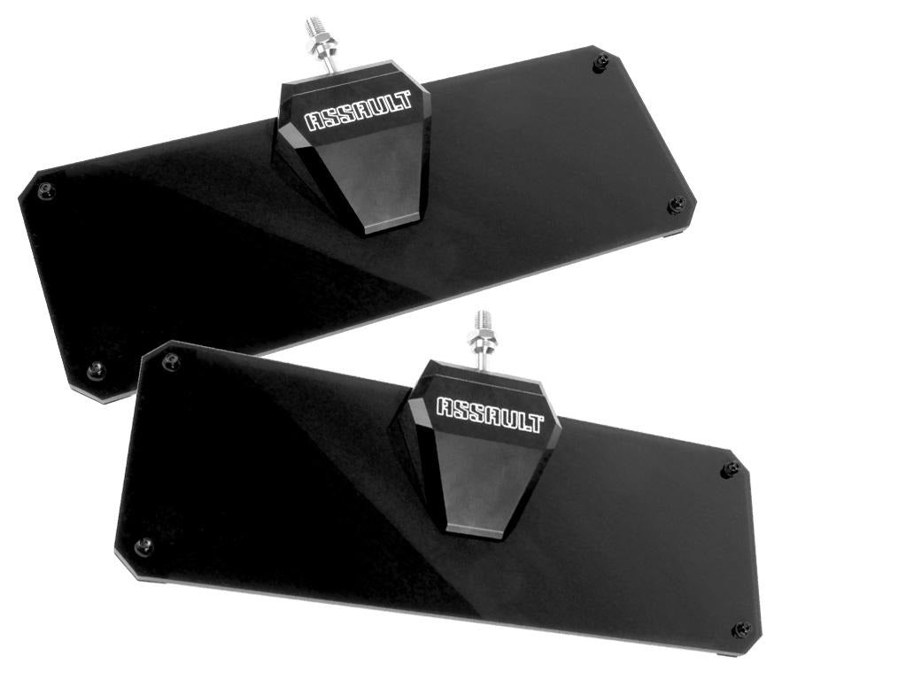 Set of 2 Assault Industries Ghost Tinted Sun Visors for UTVs, featuring dark smoked poly material with the Assault logo, adjustable clamp attachments, and sturdy mount points.