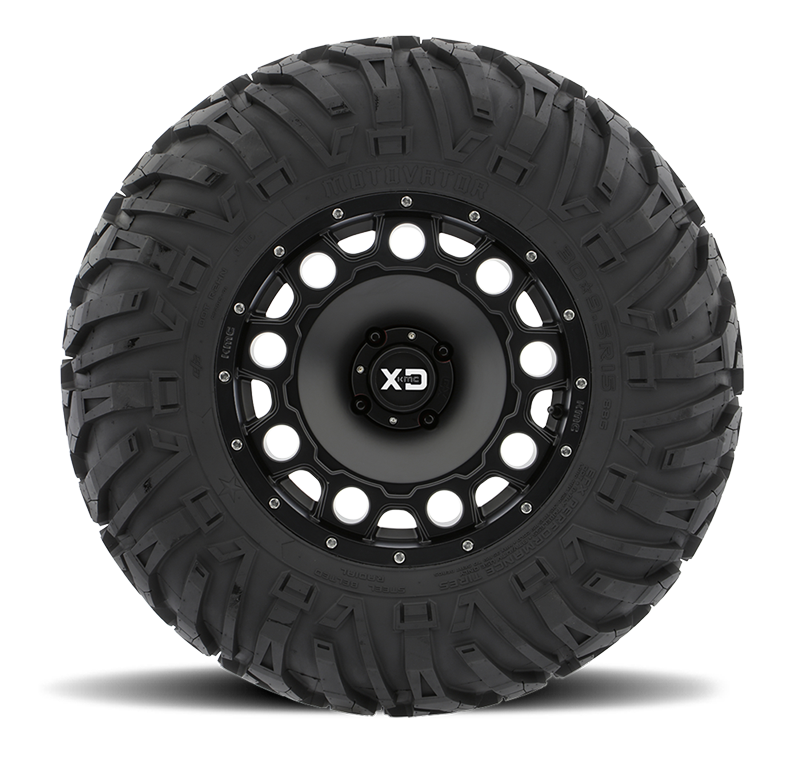 utv tire efx tire motovator mounted on black wheel on white background 