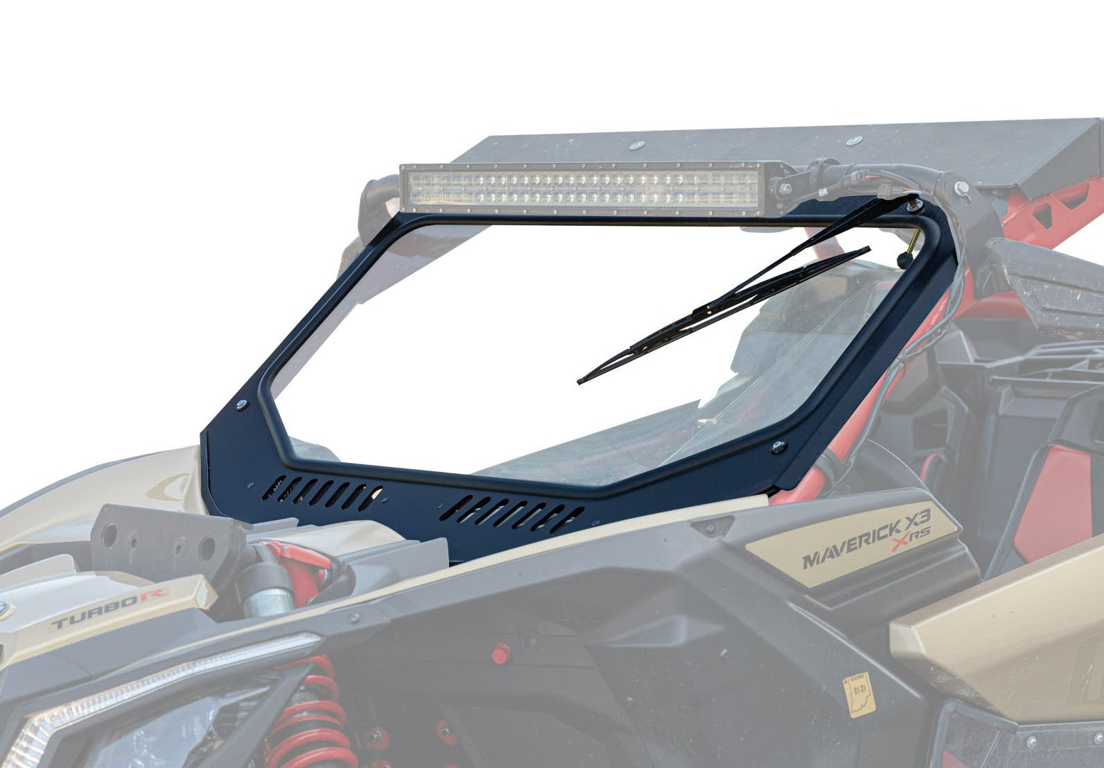 Can-Am Maverick X3 featuring a SuperATV Glass Windshield with a built-in manual wiper and LED light bar, installed on an off-road vehicle, highlighting its durable aluminum frame and vented design for enhanced visibility and airflow.