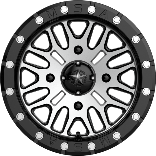 MSA M37 Bute Beadlock UTV Wheel With Machined Face & Black Ring  looking at it head on on white background 