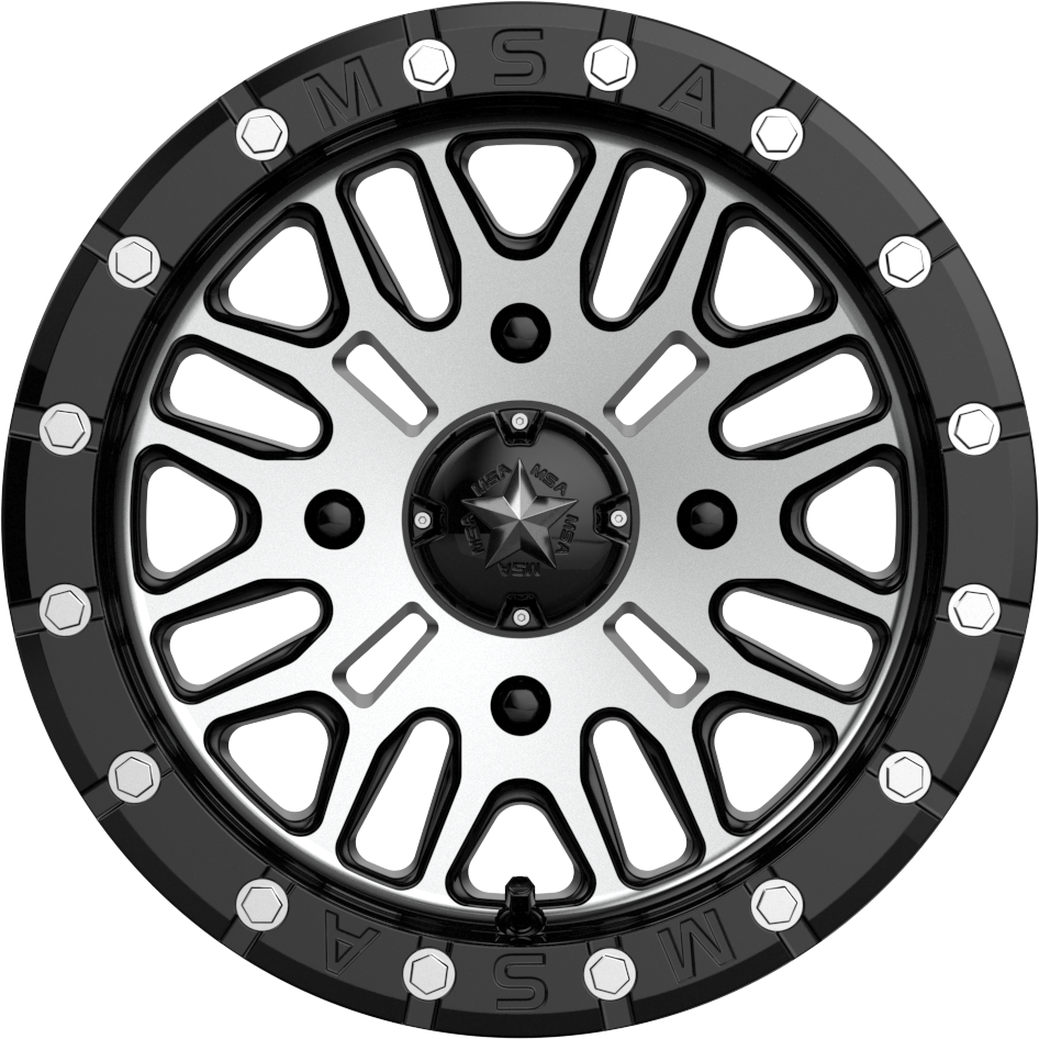 MSA M37 Bute Beadlock UTV Wheel With Machined Face & Black Ring  looking at it head on on white background 