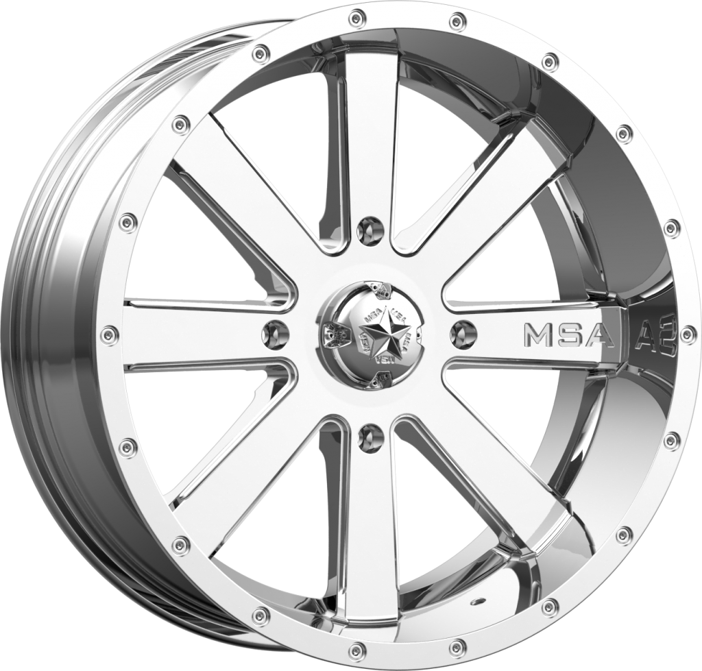 MSA M34 Flash UTV Wheel  in chrome on white background  