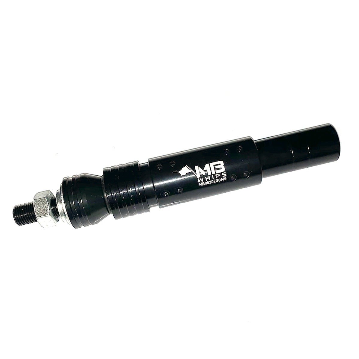 A black 1/2” UTV Flag Pole Base with Quick Release from MB Whips. The image displays the cylindrical base with the MB Whips logo engraved, along with the quick-release attachment mechanism featuring a threaded end for secure mounting. The product showcases a sleek, durable design intended for easy flag pole installation and removal.