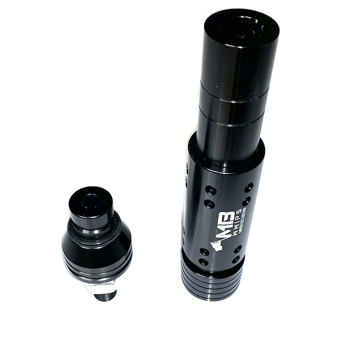A 1/2” UTV Flag Pole Base with Quick Release from MB Whips. The image shows a sleek, black, cylindrical base with the MB Whips logo engraved and multiple bolt holes, alongside a smaller black quick-release attachment designed to fit securely with the base. The durable design and attachment mechanism are clearly visible, highlighting the product's quality and functionality.