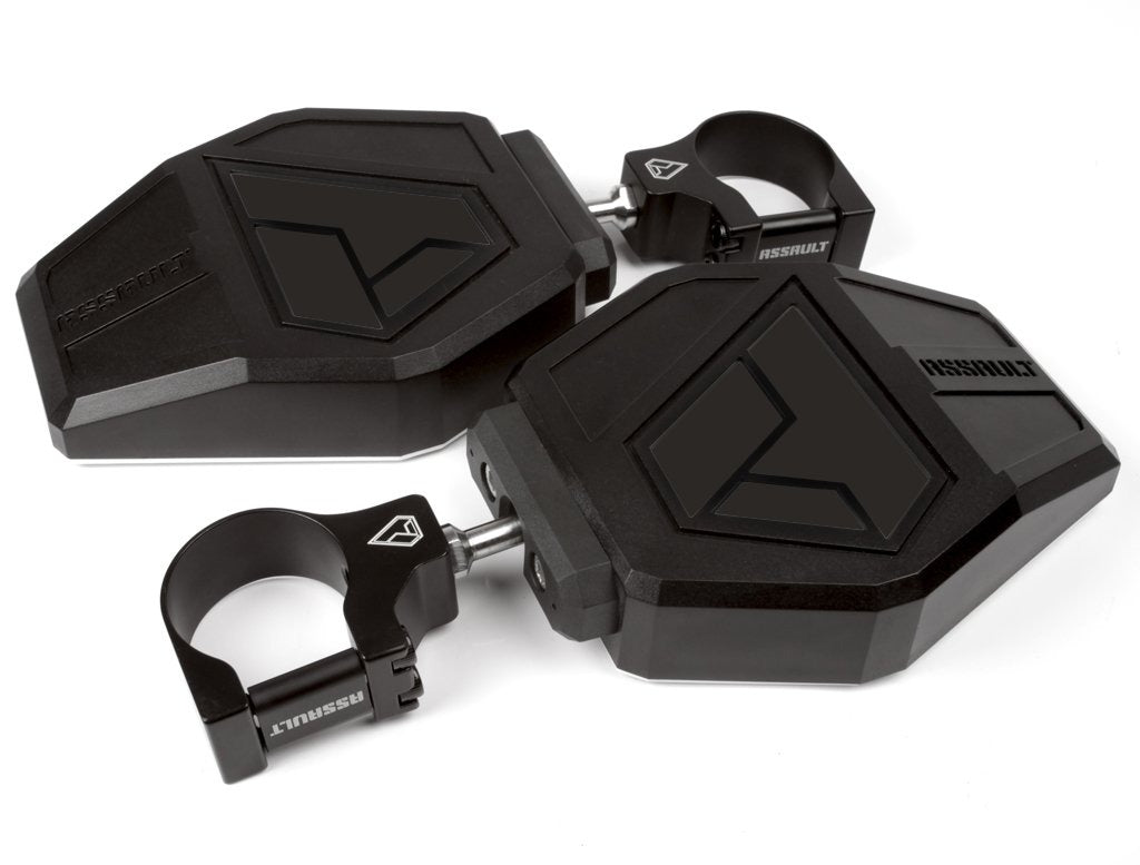 Pair of Assault Industries Aviator side mirrors with black angular design and clamp mounts for UTVs, showcasing the branded Assault logo.