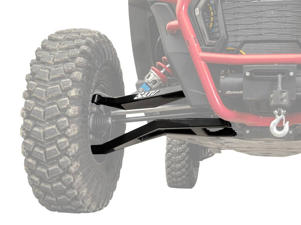 SUPERATV SIDEWINDER BOXED A ARMS FOR POLARIS TURBO S INSTALLED ON MACHINE ON WHITE BACKGROUND 