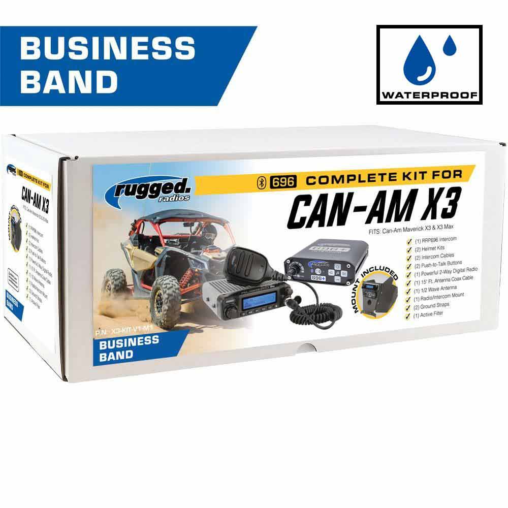 rugged radios canam x3 complete communication kit  with box on white background 