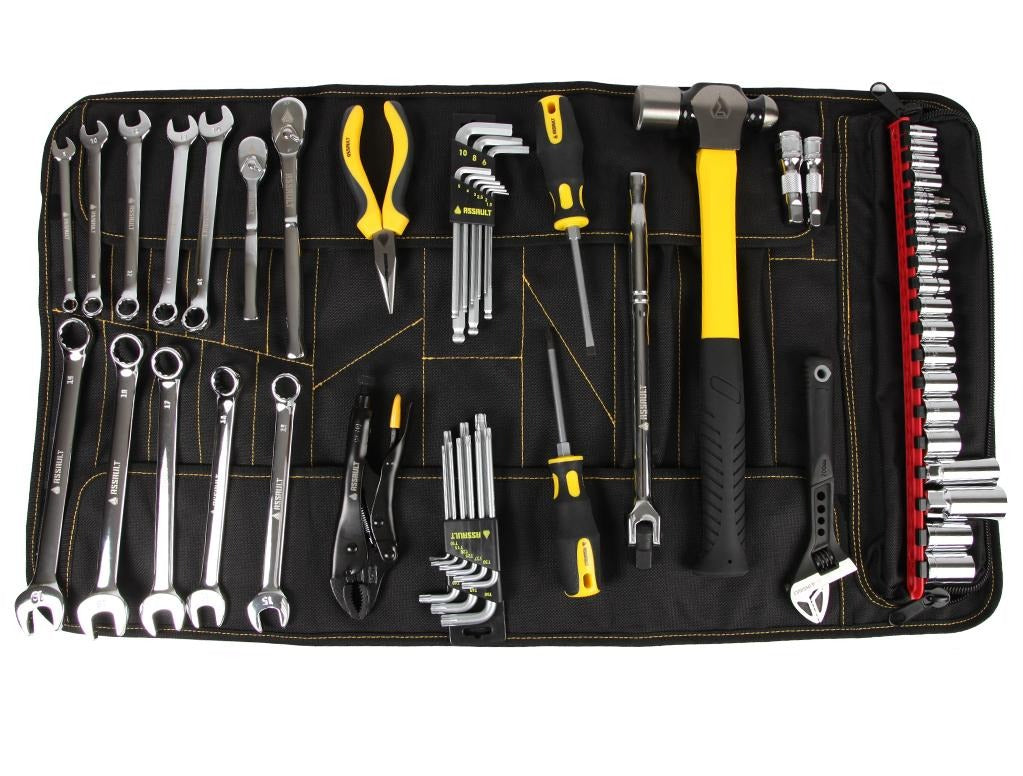 A comprehensive set of tools neatly organized in a portable black case with yellow stitching. The kit includes a variety of wrenches, pliers, screwdrivers, hex keys, and a socket set. The wrenches and sockets are chrome-finished, while the handles of the screwdrivers and hex keys feature a black and yellow design. This portable and essential tool set is specifically tailored for on-the-go repairs and maintenance, ideal for UTV (Utility Task Vehicle) enthusiasts.