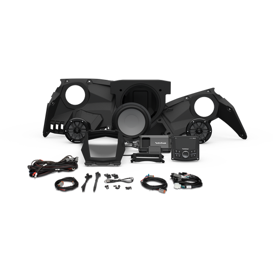 rockford fosgate stage 3 stereo kit disassembled on white background