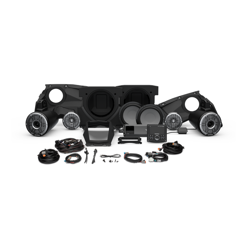 rockford fosgate stage 6 stereo kit disassembled on white background 