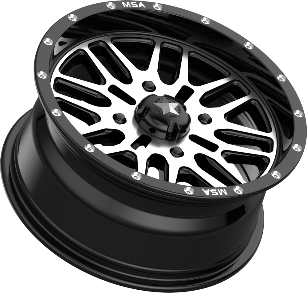 MSA M38 Brute UTV Wheel With Machined Face & Black Ring  laying on its side on white background 